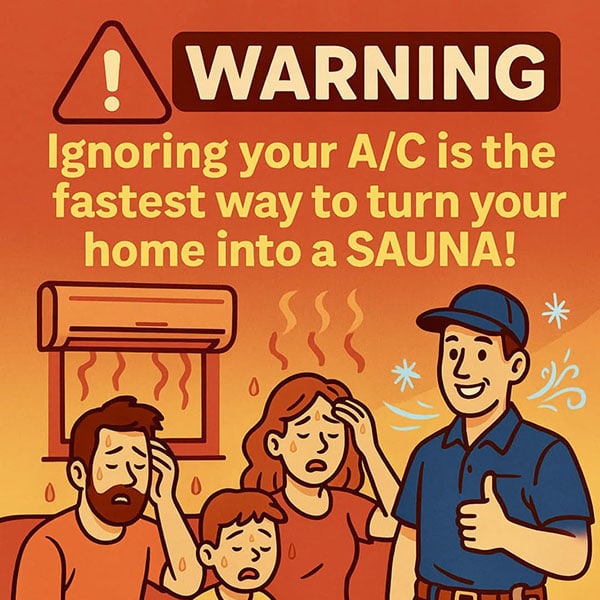 Air Conditioning Maintenance 1_600x600 Warning sign with text: 'Ignoring your A/C is the fastest way to turn your home into a SAUNA!' reminding viewers of air conditioning maintenance importance.