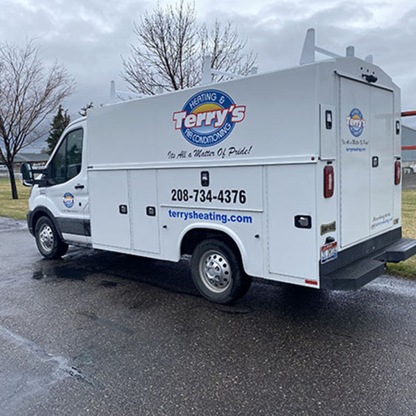 Duct Cleaning 1_600x600 A white Ford Transit van with the logo and contact information for Terry's Heating & Air Conditioning.