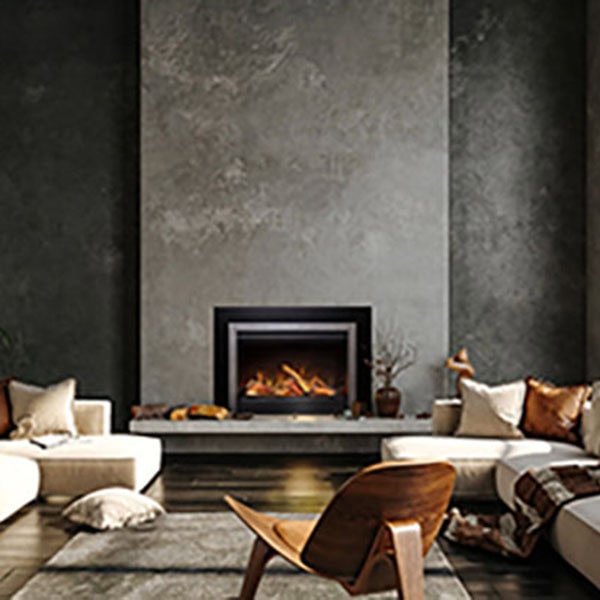 Contemporary living room with a cozy fireplace and expansive windows allowing natural light.