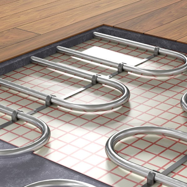Underfloor heating system under wooden floor. 3D rendered illustration. Radiant floor heating system featuring a heating pad installed on the floor for efficient warmth distribution.