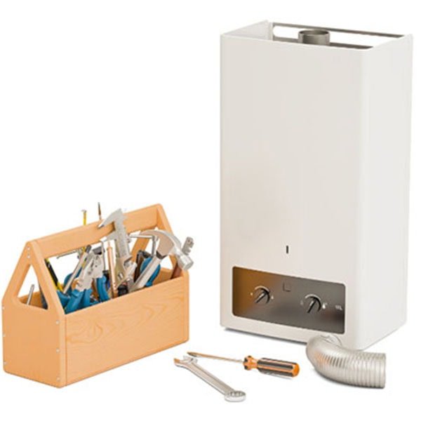 A gas boiler surrounded by tools and a toolbox, highlighting maintenance for tank water heaters.