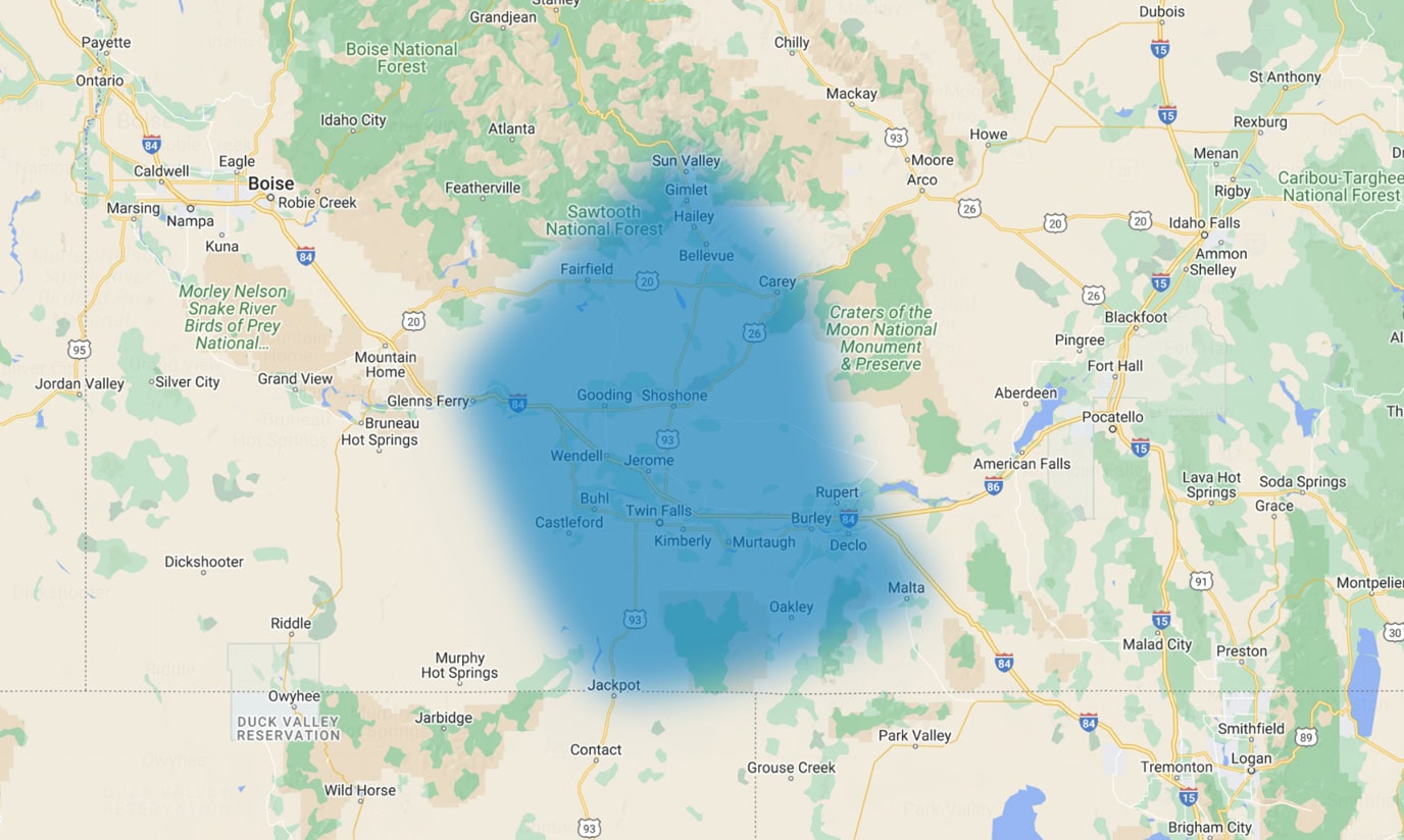 Terry's Heating & Air Conditioning service area, covering the Twin Falls, ID, and throughout the Magic Valley area.